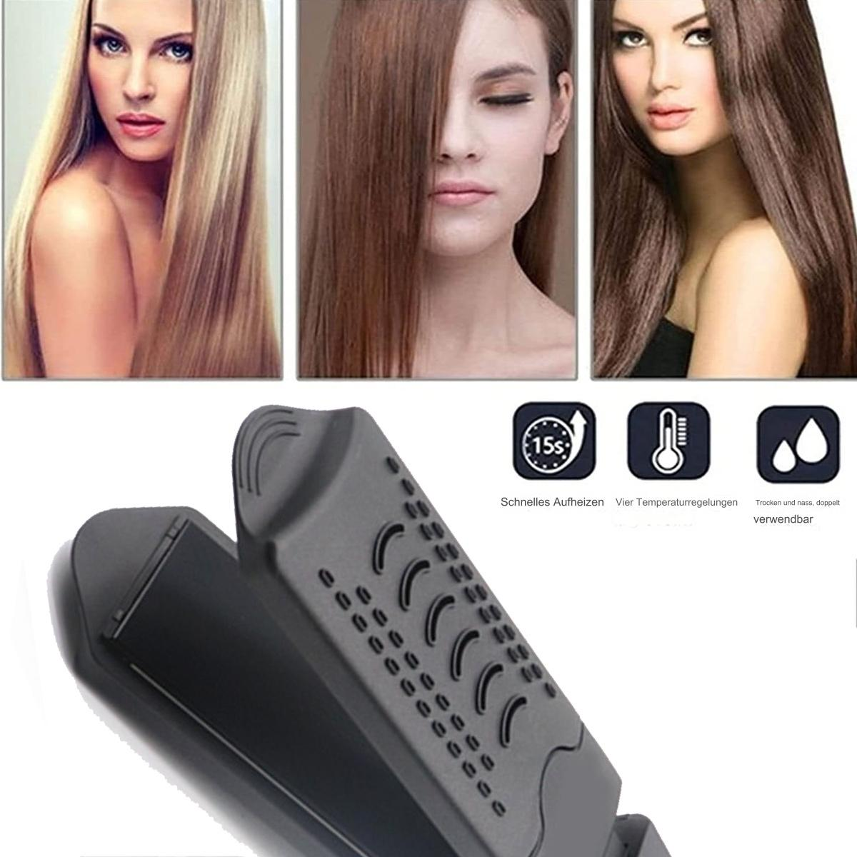 Haarglätter mit Fotos von Frauenhaaren. Er zeigt schnelles Aufheizen.