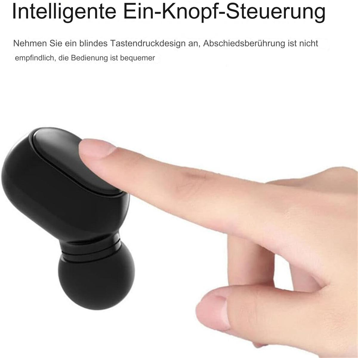 Schwarzer kabelloser Ohrhörer, der von einem Finger berührt wird. Der Hintergrund ist weiß.