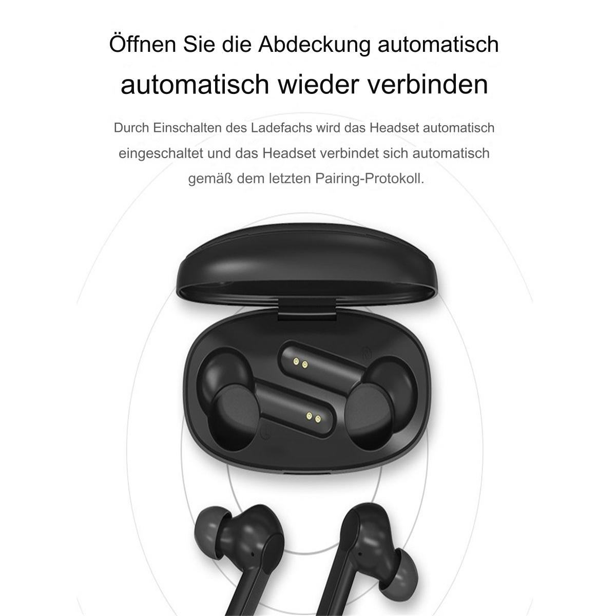Schwarze Ohrhörer in einem schwarzen Ladecase. Text deutet auf automatische Verbindung hin.