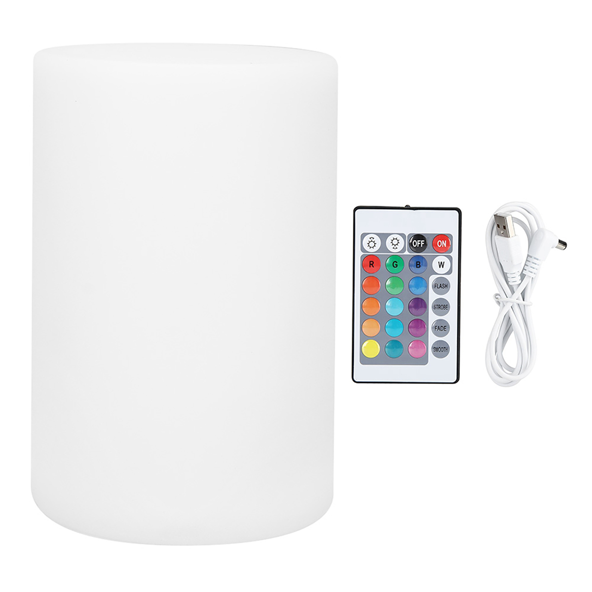 Zylindrische weiße Lampe mit Fernbedienung und USB-Kabel, auf weißem Hintergrund.