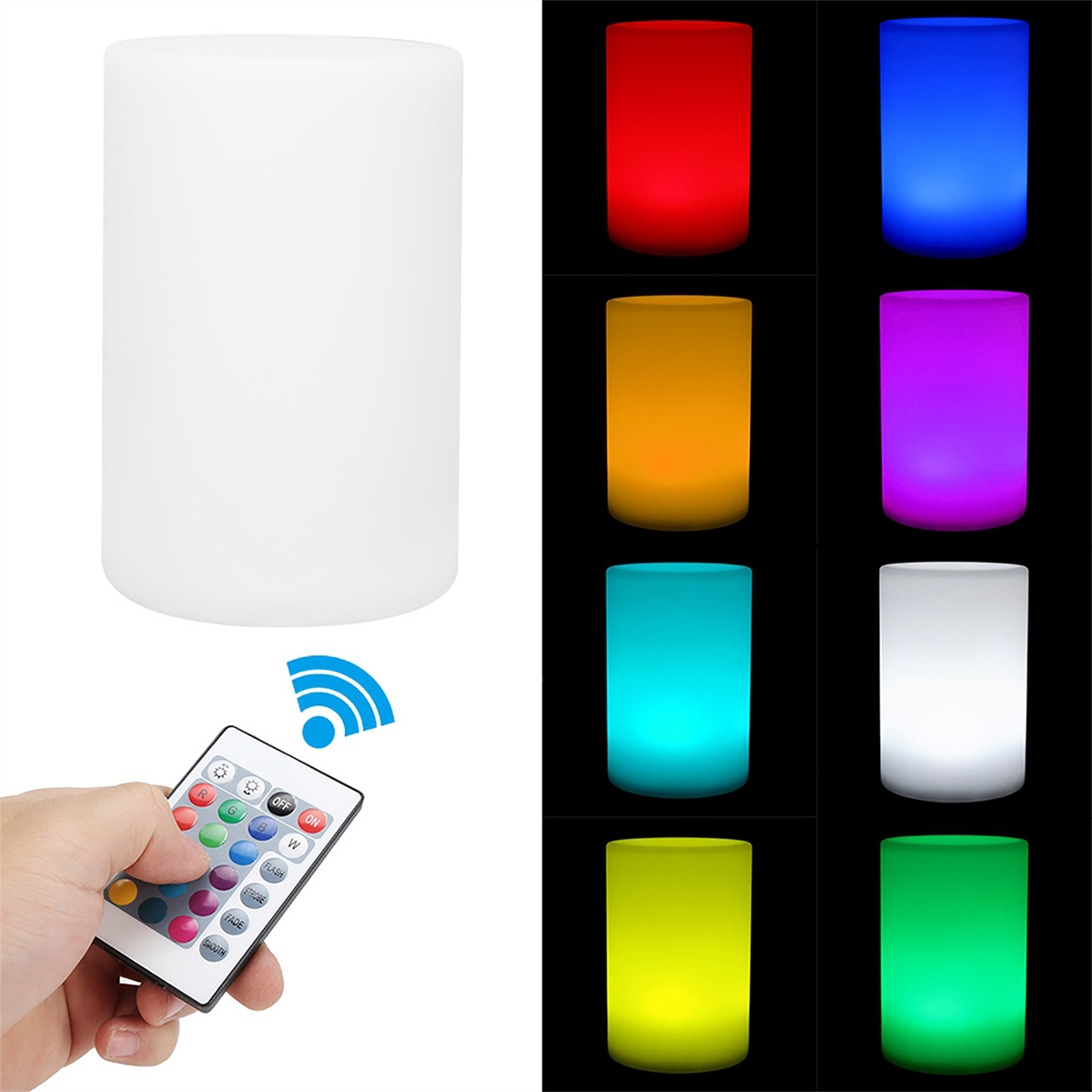 Zylinderförmige Lampe und Farboptionen. Weiße Lampe, Fernbedienung und eine Vielzahl farbiger Lichter.