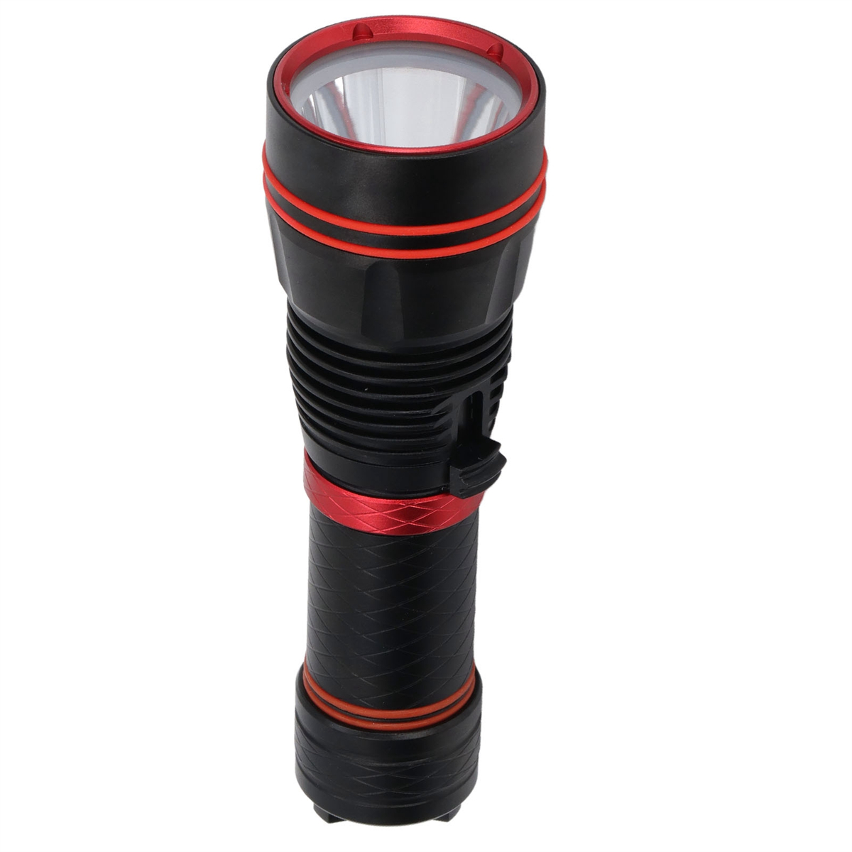 Schwarze Taschenlampe mit roten Akzenten, strukturiertem Griff und heller Linse.