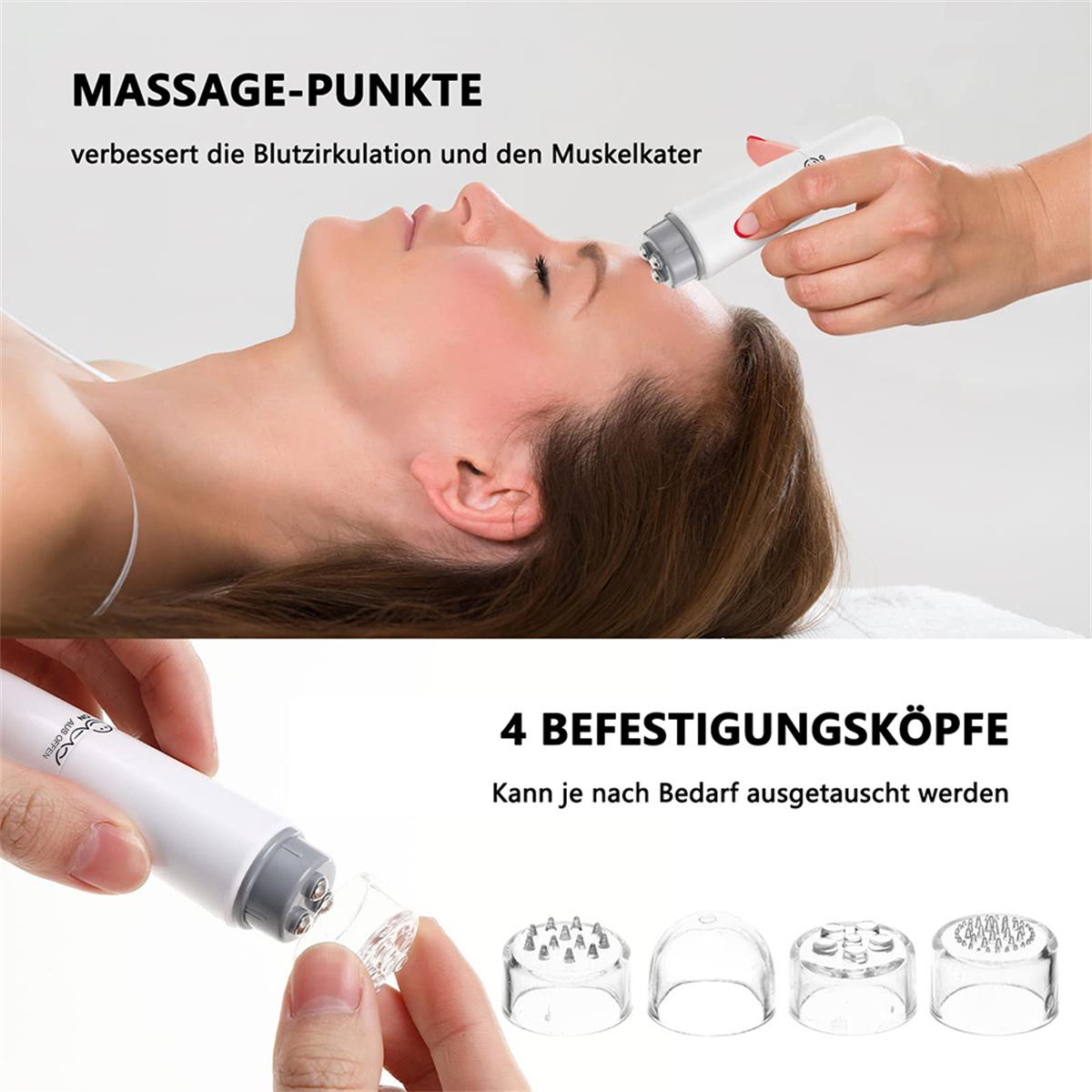 Frau erhält Gesichtsmassage mit Gerät, vier austauschbare Köpfe, Text auf Deutsch.