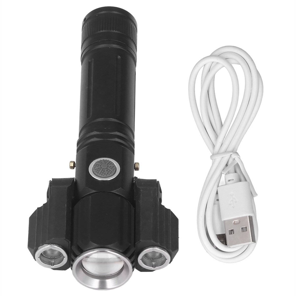 Schwarze Taschenlampe mit 3 Lichtern und USB-Kabel.