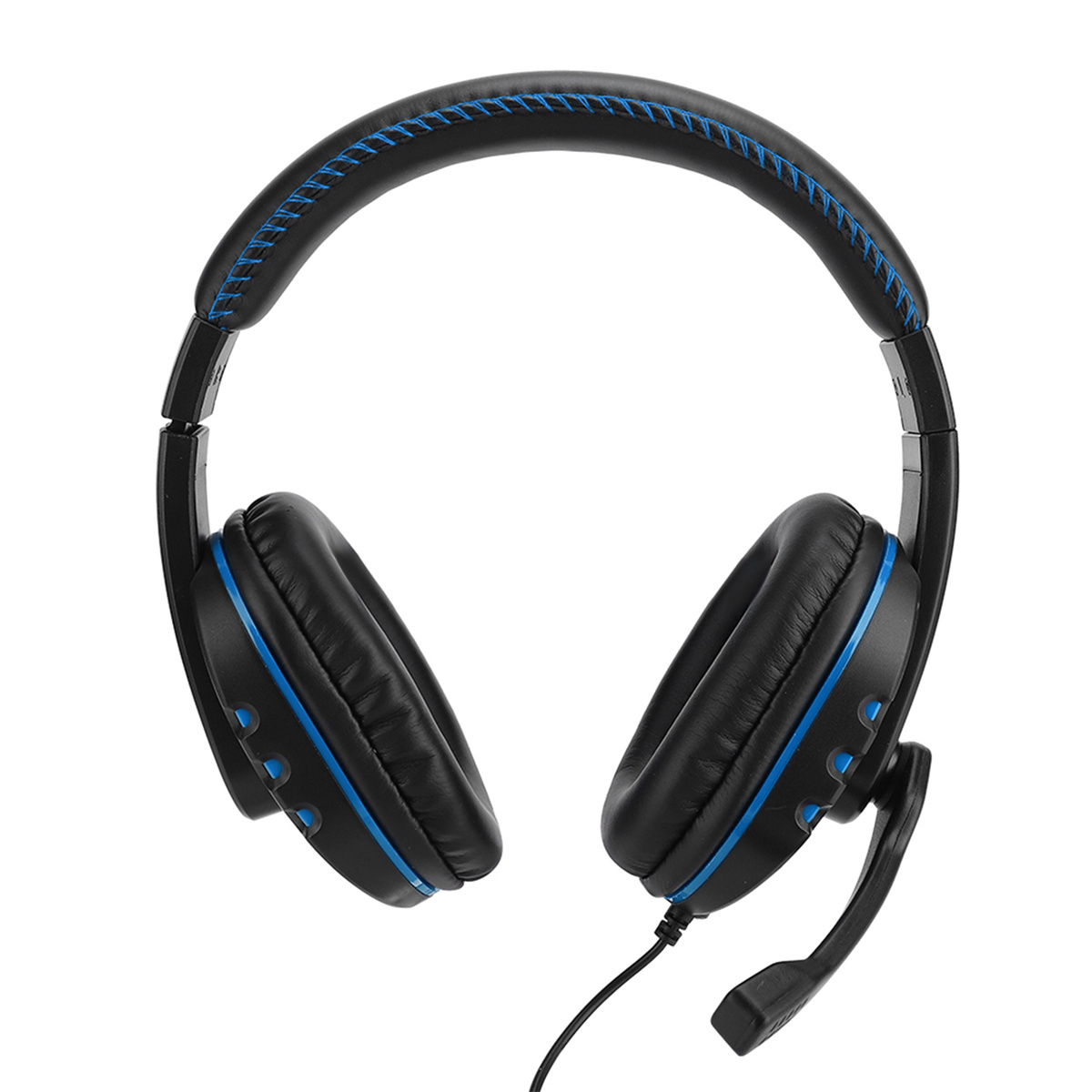 Schwarzes Gaming-Headset mit blauen Nähten, Mikrofon und Bedienelementen.