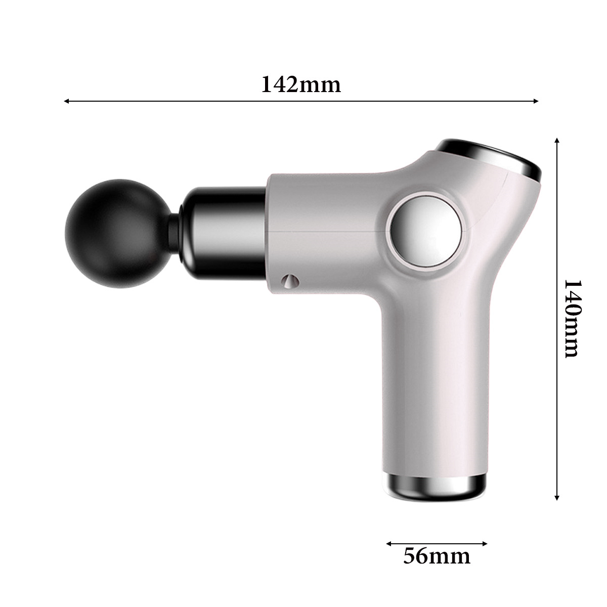 Weiße und graue Massagepistole. Abmessungen: 142 mm lang, 140 mm hoch, 56 mm breit.