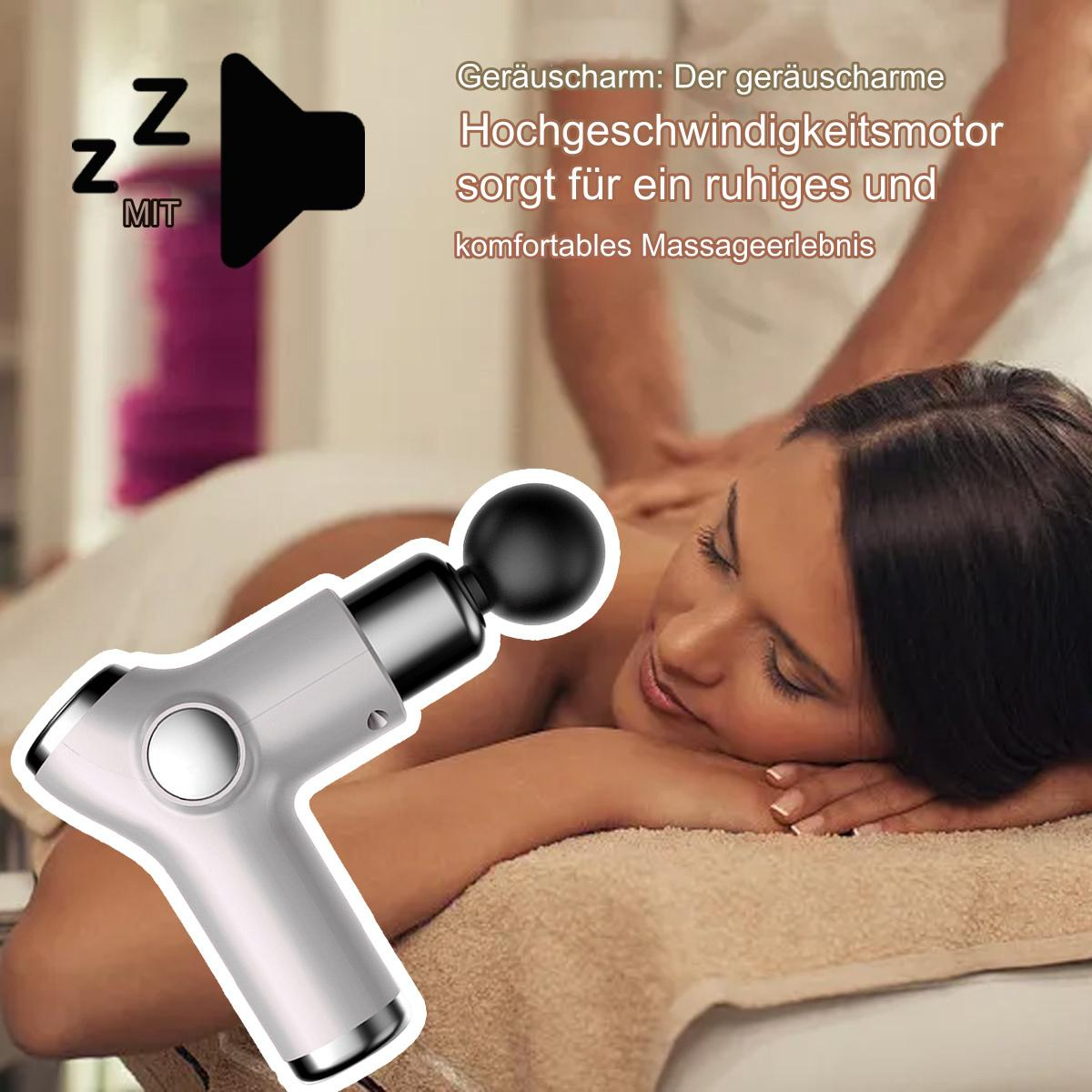 Frau erhält eine Rückenmassage mit einer Massagepistole. Weißer Hintergrund. Text: Leiser Motor.