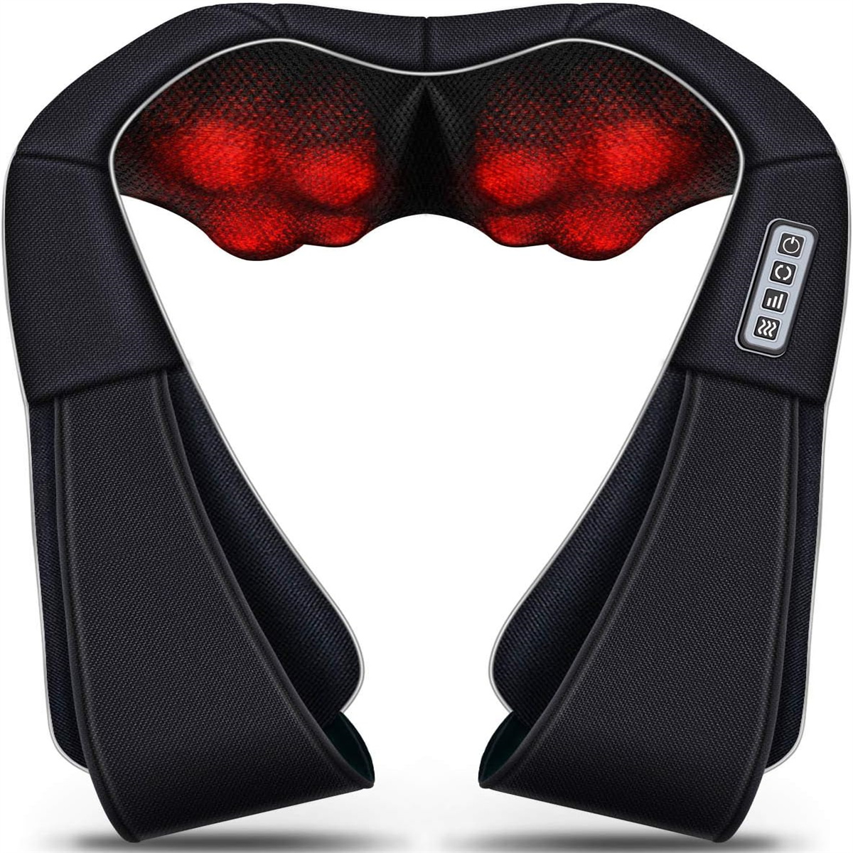 Schwarzes Nackenmassagegerät mit rot leuchtenden Knoten. Bedienelemente auf der rechten Seite.