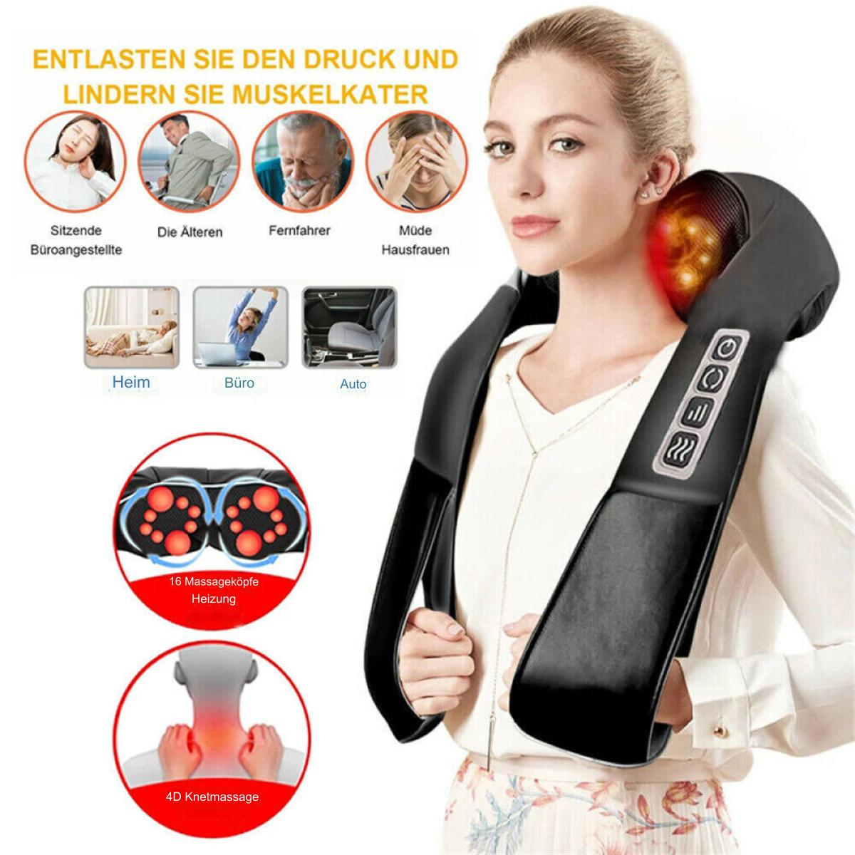 Frau benutzt einen schwarzen Nackenmassagegerät. Zeigt Diagramm des Nackens mit 16 Massageköpfen.