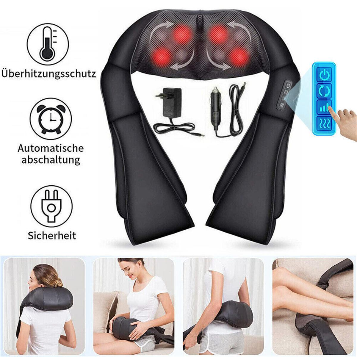 Schwarzes Nackenmassagegerät mit roten Lichtern und Fernbedienung. Es gibt Symbole mit Sicherheitshinweisen an der Seite.