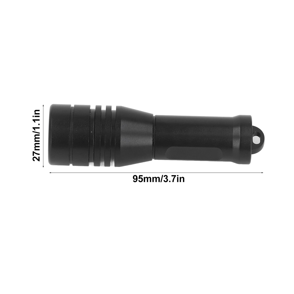 Schwarze Taschenlampe mit Abmessungen in mm und Zoll auf Weiß.