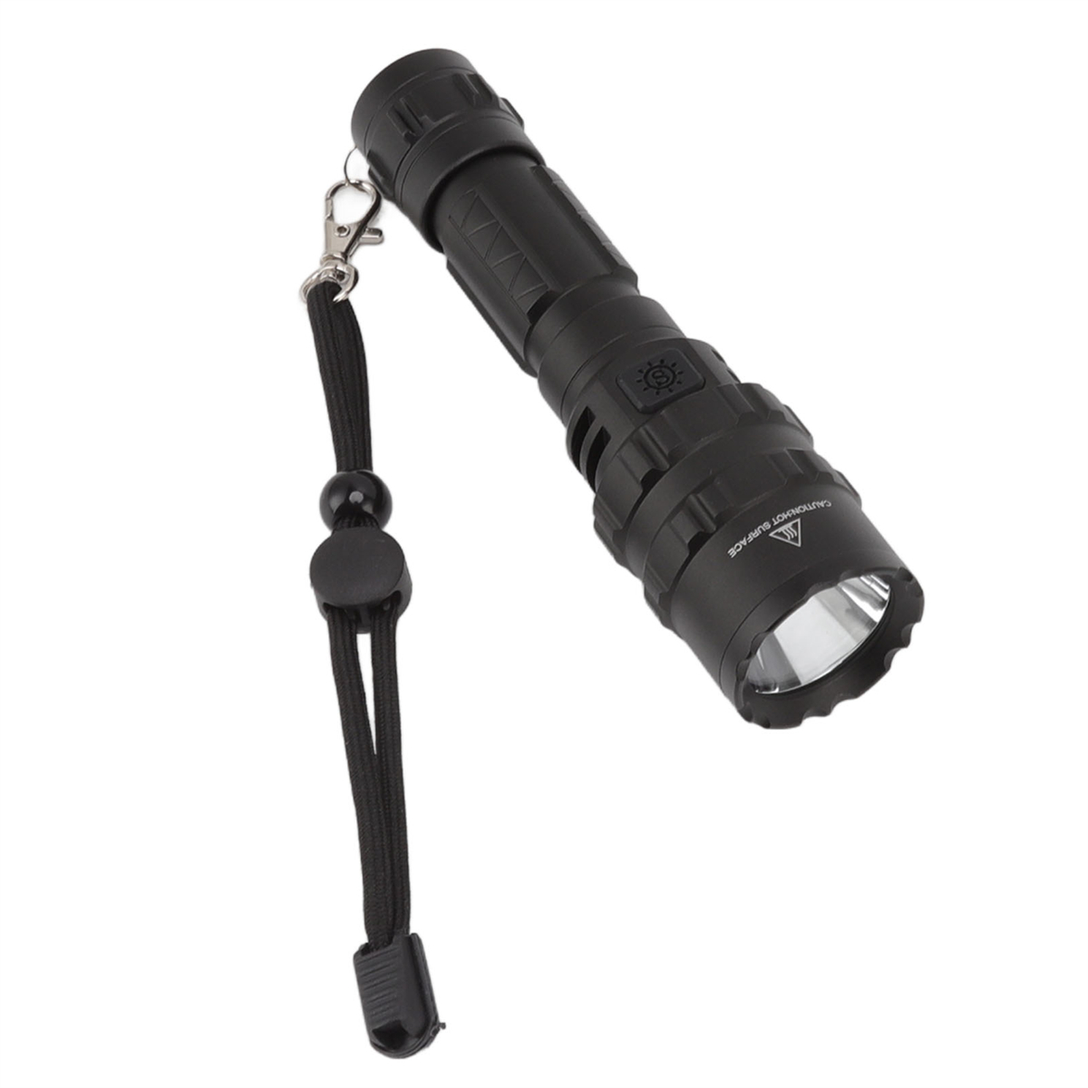 Eine schwarze Taschenlampe mit Handschlaufe. Sie ist nach unten abgewinkelt.