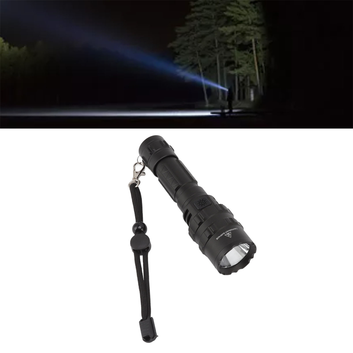 Eine schwarze Taschenlampe mit schwarzem Gurt auf weißem Untergrund. Eine Person benutzt nachts eine Taschenlampe.