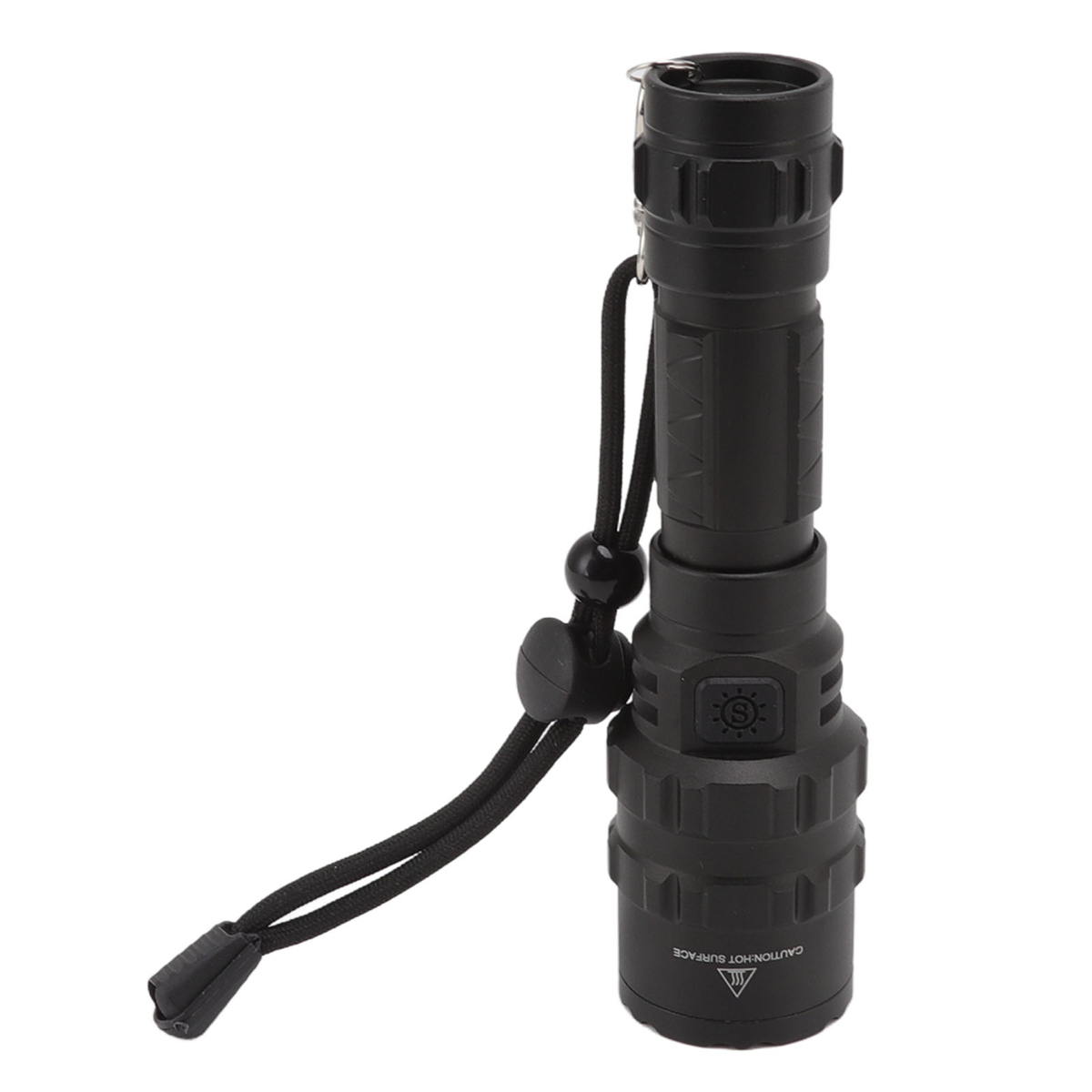 Eine schwarze Taschenlampe mit Lanyard und einem befestigten schwarzen Kabel. Sie steht auf weißem Untergrund.
