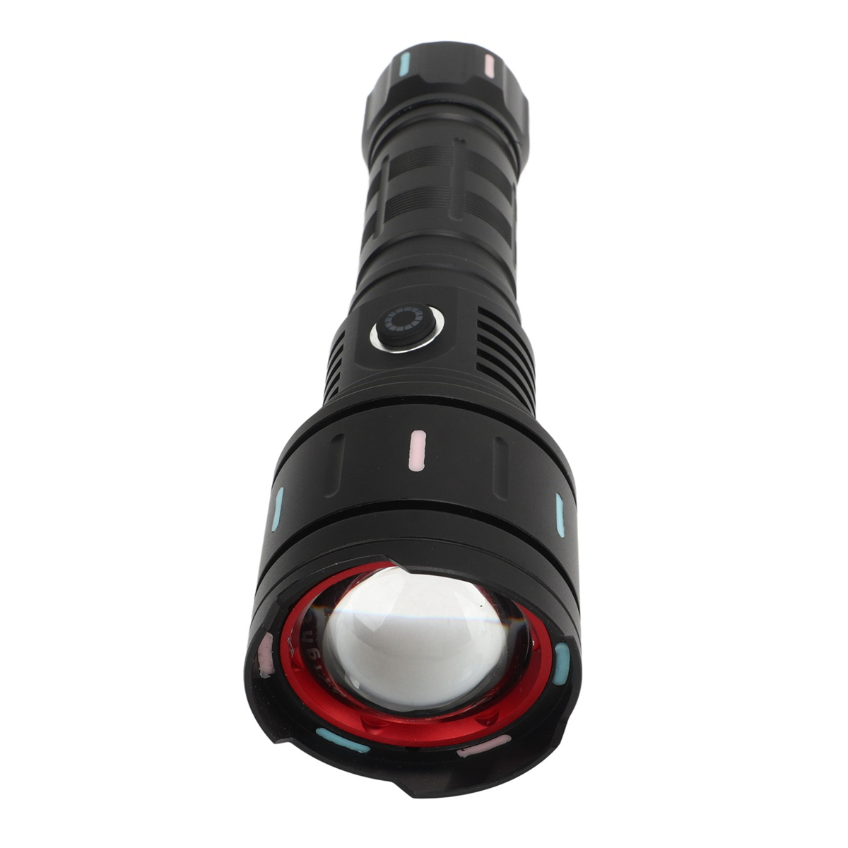 Schwarze Taschenlampe mit großem Objektiv, rundem Ein-/Ausschalter und bunten Akzenten.