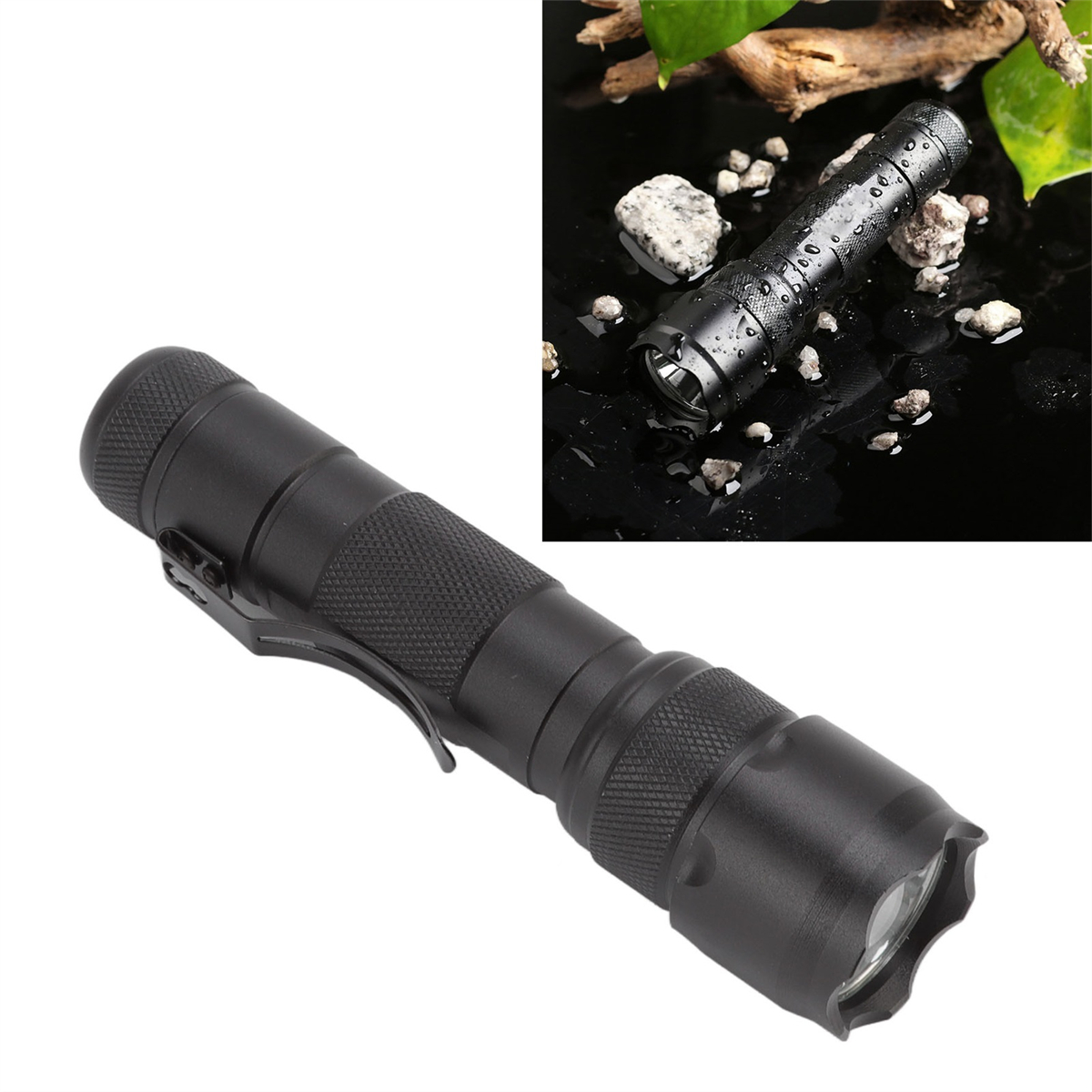 Eine schwarze Taschenlampe liegt auf einer reflektierenden Oberfläche, mit Detailansicht von Körper und Linse.