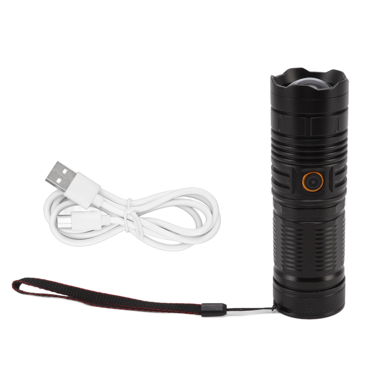 Schwarze Taschenlampe mit weißem USB-Kabel. Die Taschenlampe hat einen schwarzen Riemen.