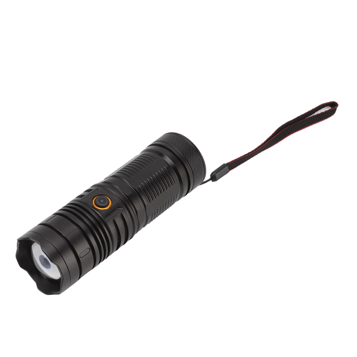 Schwarze Taschenlampe mit roter Handschlaufe. Oranger Knopf und weißer Hintergrund.