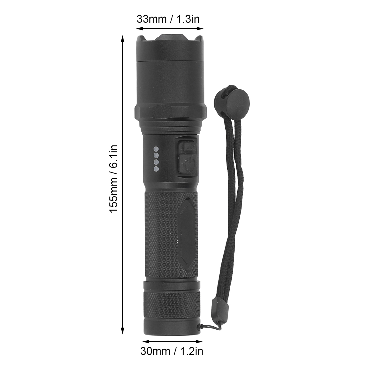 Schwarze Taschenlampe mit Maßen. Eine Person hält eine schwarze Taschenlampe.