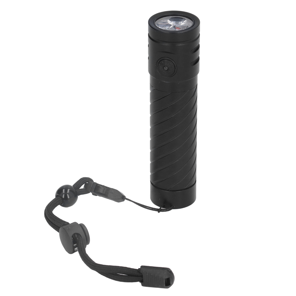 Schwarze Taschenlampe mit Lanyard. Zylindrisch mit strukturierter Oberfläche. Das Licht ist weiß.