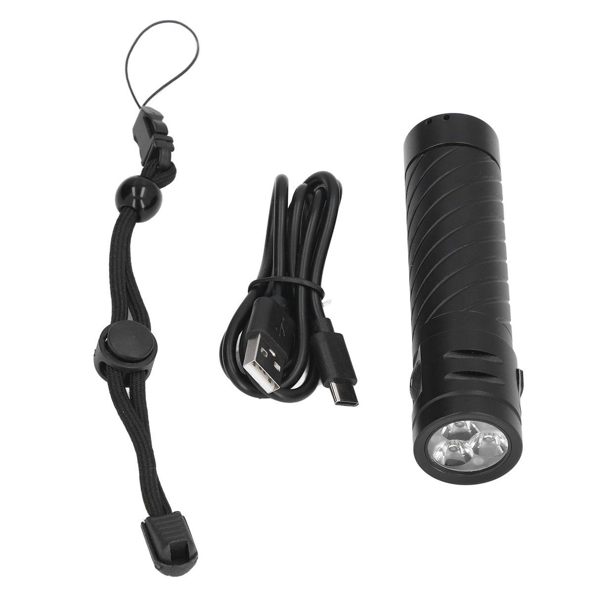 Schwarze Taschenlampe mit Zubehör. Enthält ein Schlüsselband, ein Ladekabel.