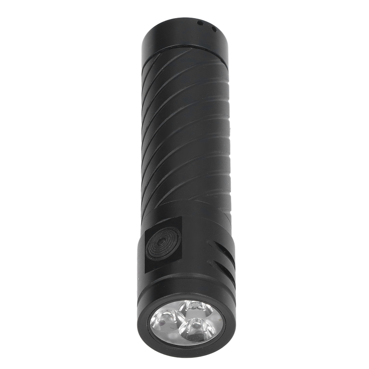 Schwarze Taschenlampe mit strukturierter Oberfläche. Sie hat einen Knopf und eine klare Linse.