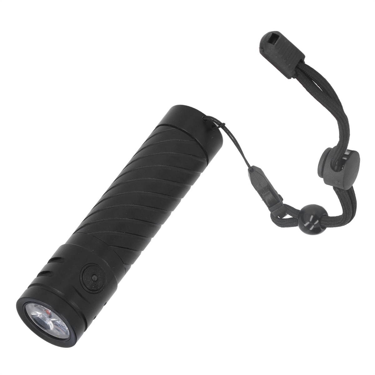 Eine schwarze Taschenlampe mit einem Schlüsselband. Sie hat einen strukturierten Griff, einen Knopf und eine kleine Linse.