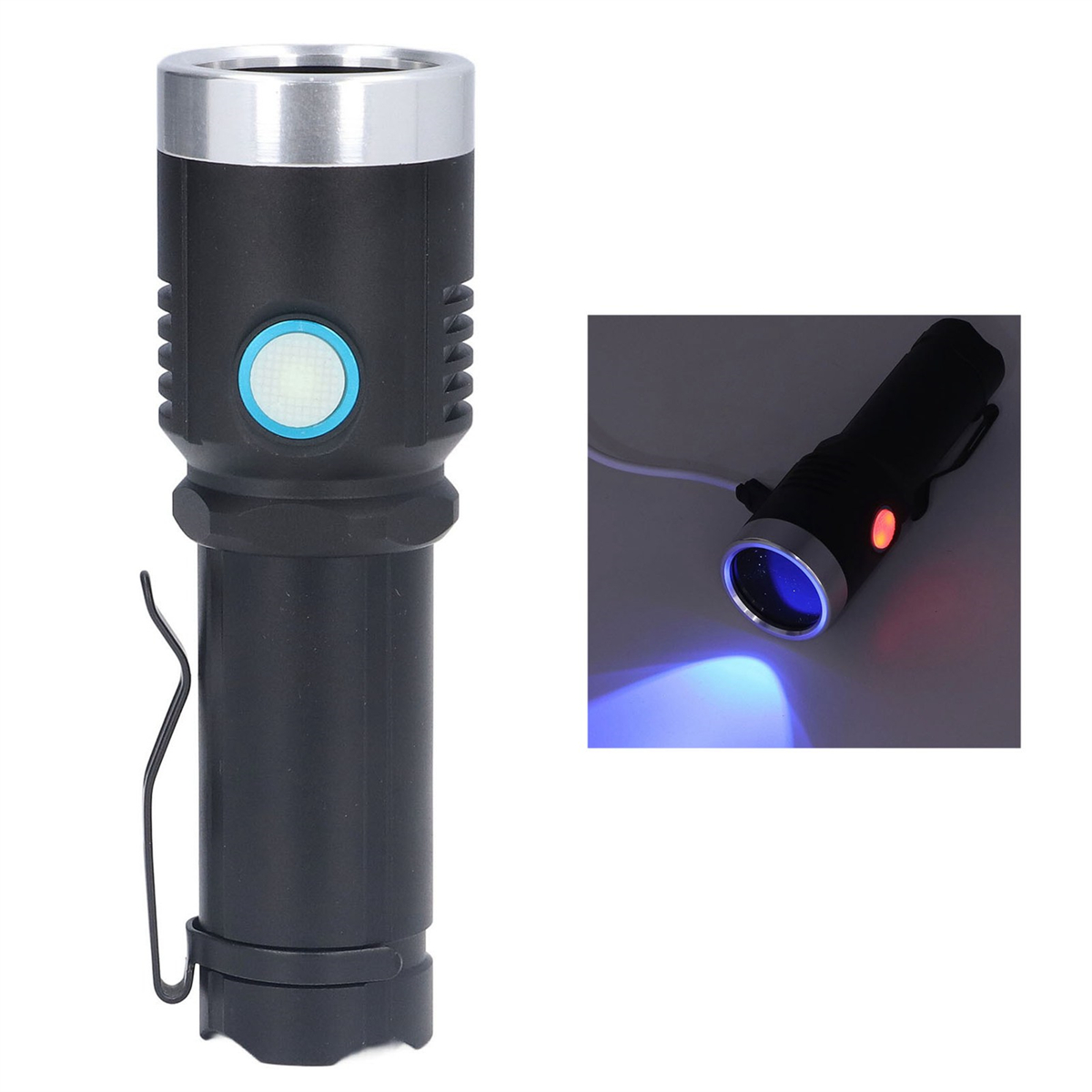Eine schwarze Taschenlampe mit silbernem Oberteil und Clip. Ein weiteres Bild zeigt blaues und rotes Licht.