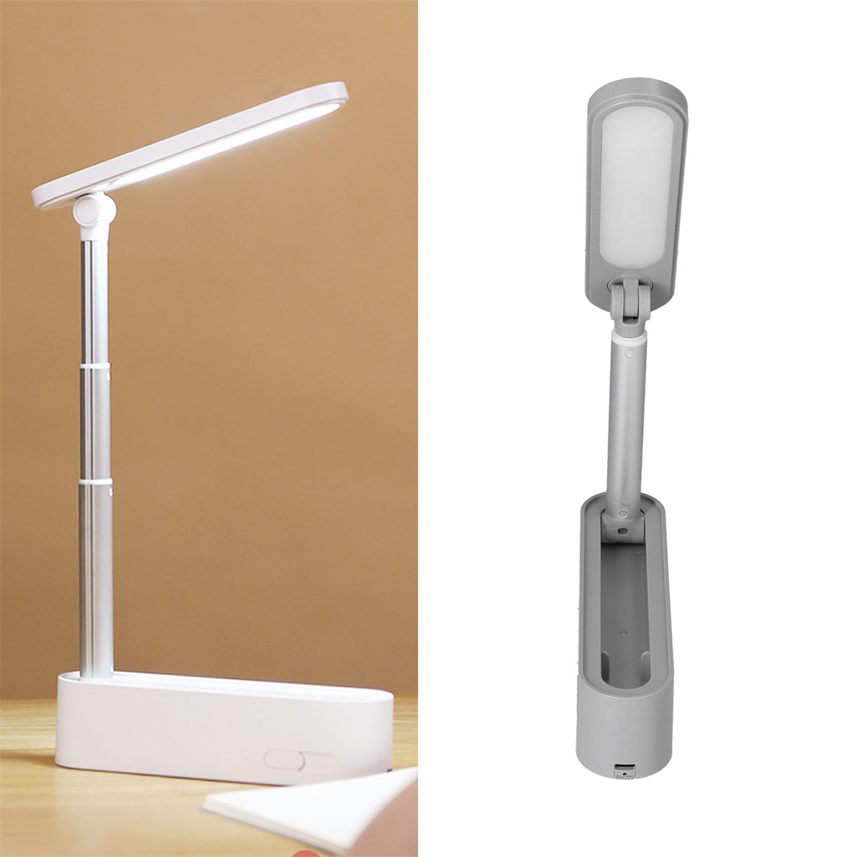 Zwei Schreibtischlampen, eine gefaltet und eine ausgefahren. Beide sind weiß und grau.