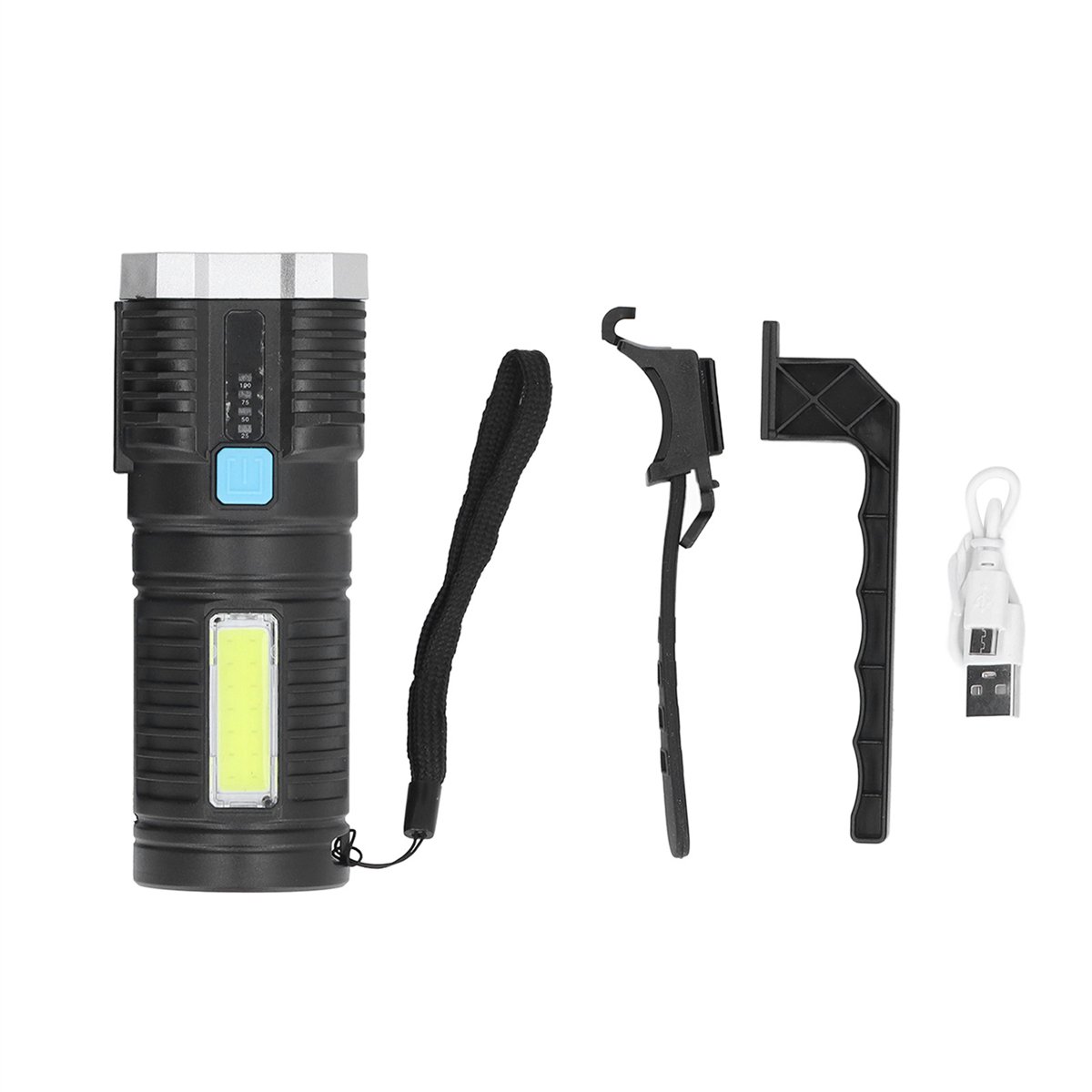 Schwarze Taschenlampe mit Zubehör, einschließlich Riemen und Ladekabel.