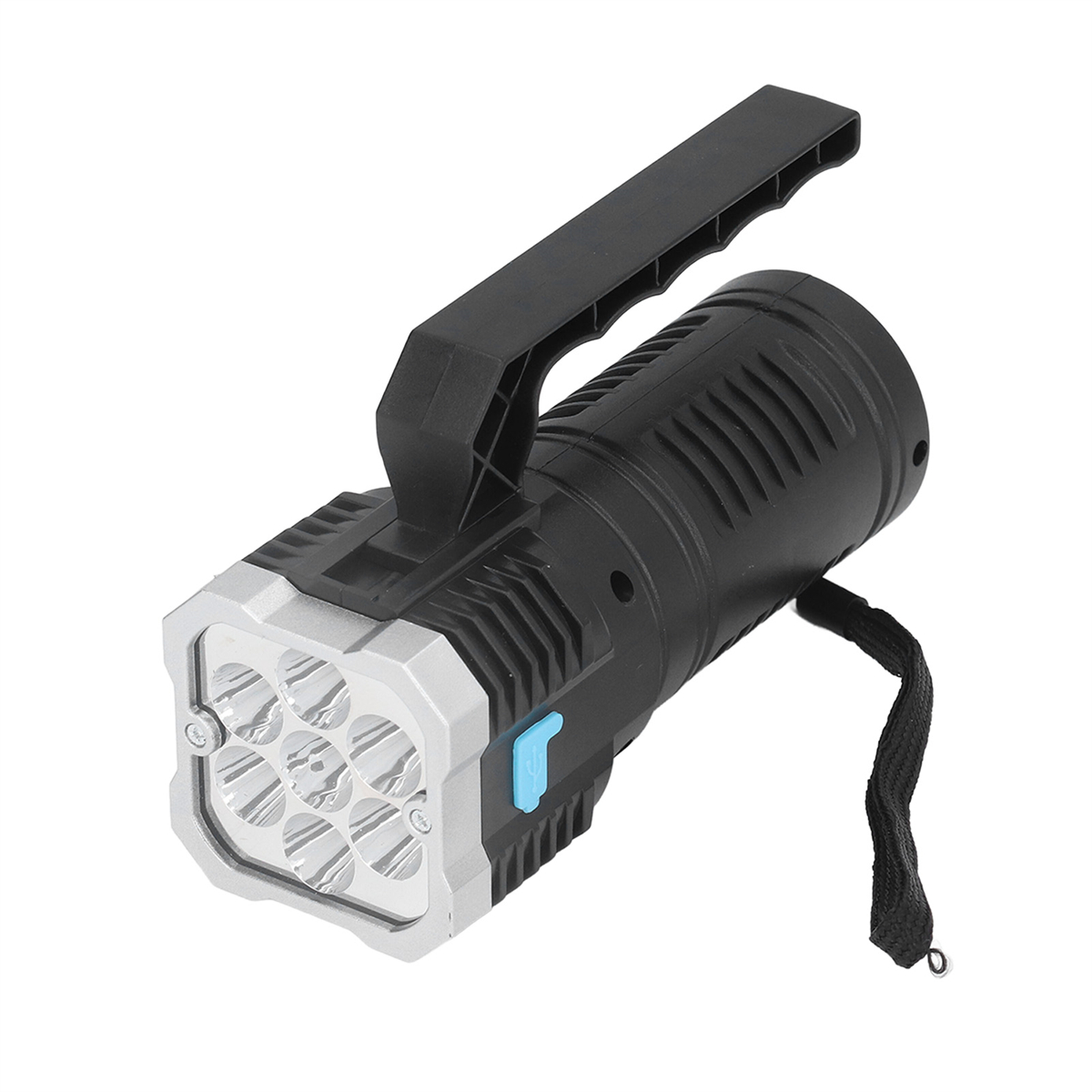 Schwarz-silberne Taschenlampe mit Griff, blauem Knopf und mehreren Lichtquellen.