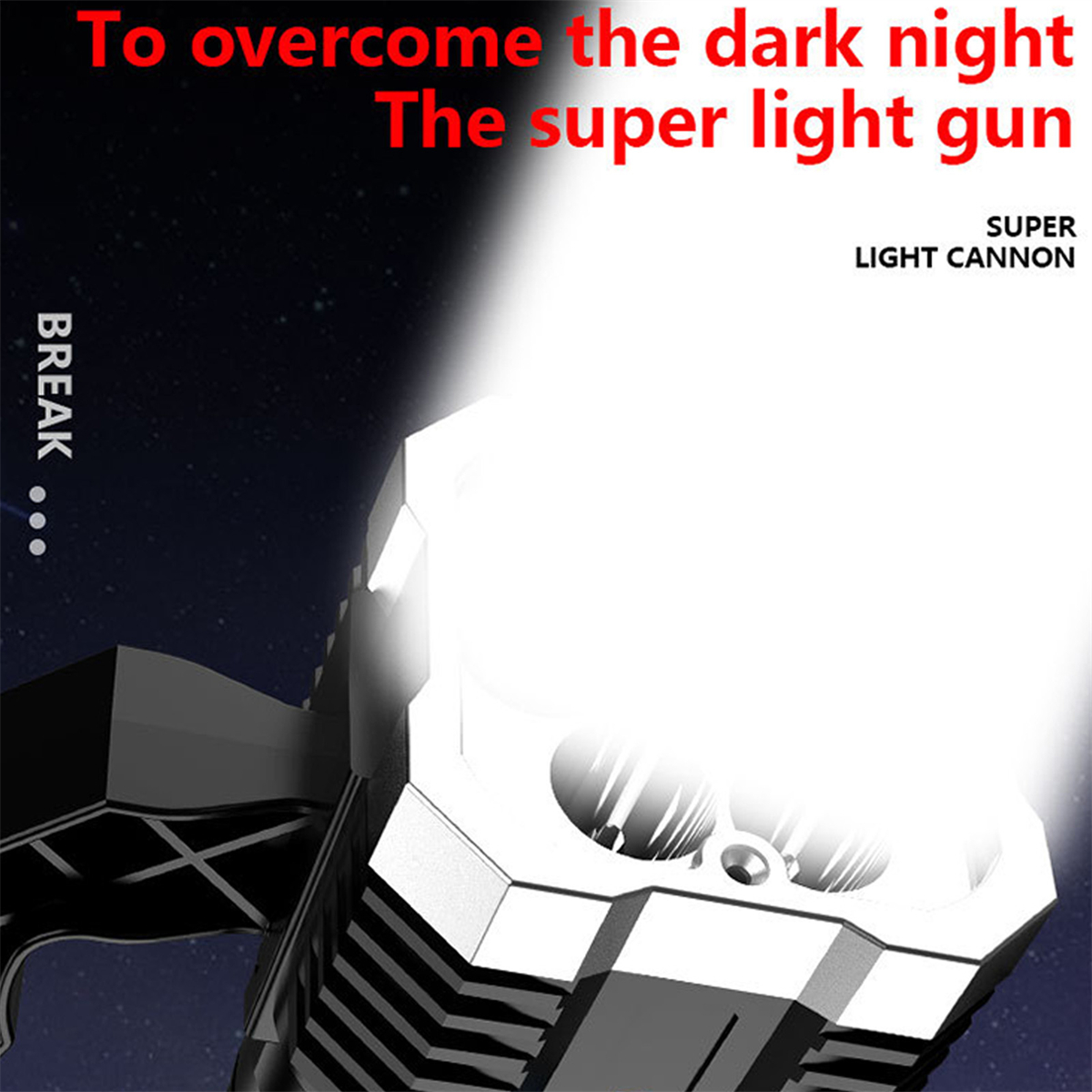 Eine futuristische Lichtkanone, die einen hellen Lichtstrahl aussendet, mit Text, dunkler Hintergrund.