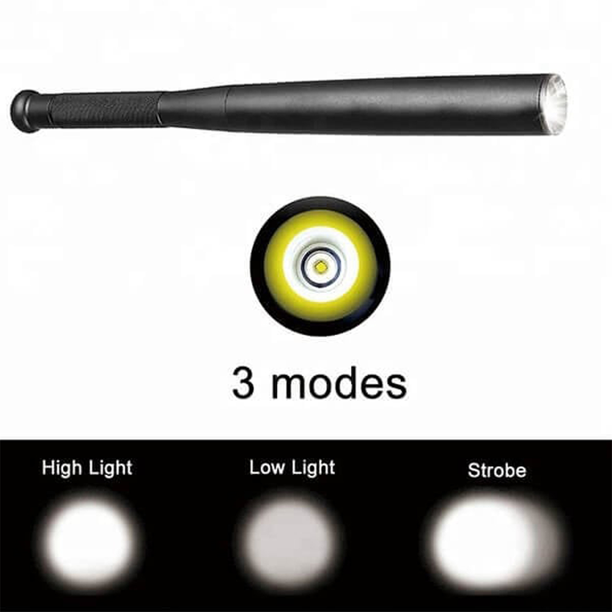 Schwarze Taschenlampe in Baseballschlägerform mit drei Lichtmodi: hoch, niedrig und Stroboskop.