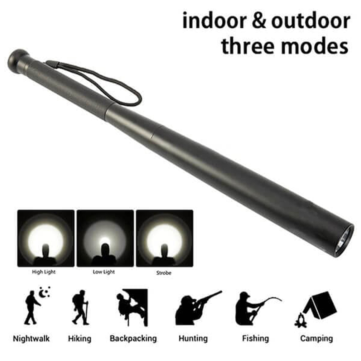 Schwarze Taschenlampe und verschiedene Aktivitätsicons. Schwarze Taschenlampe und Icons für Nachtwanderung etc.