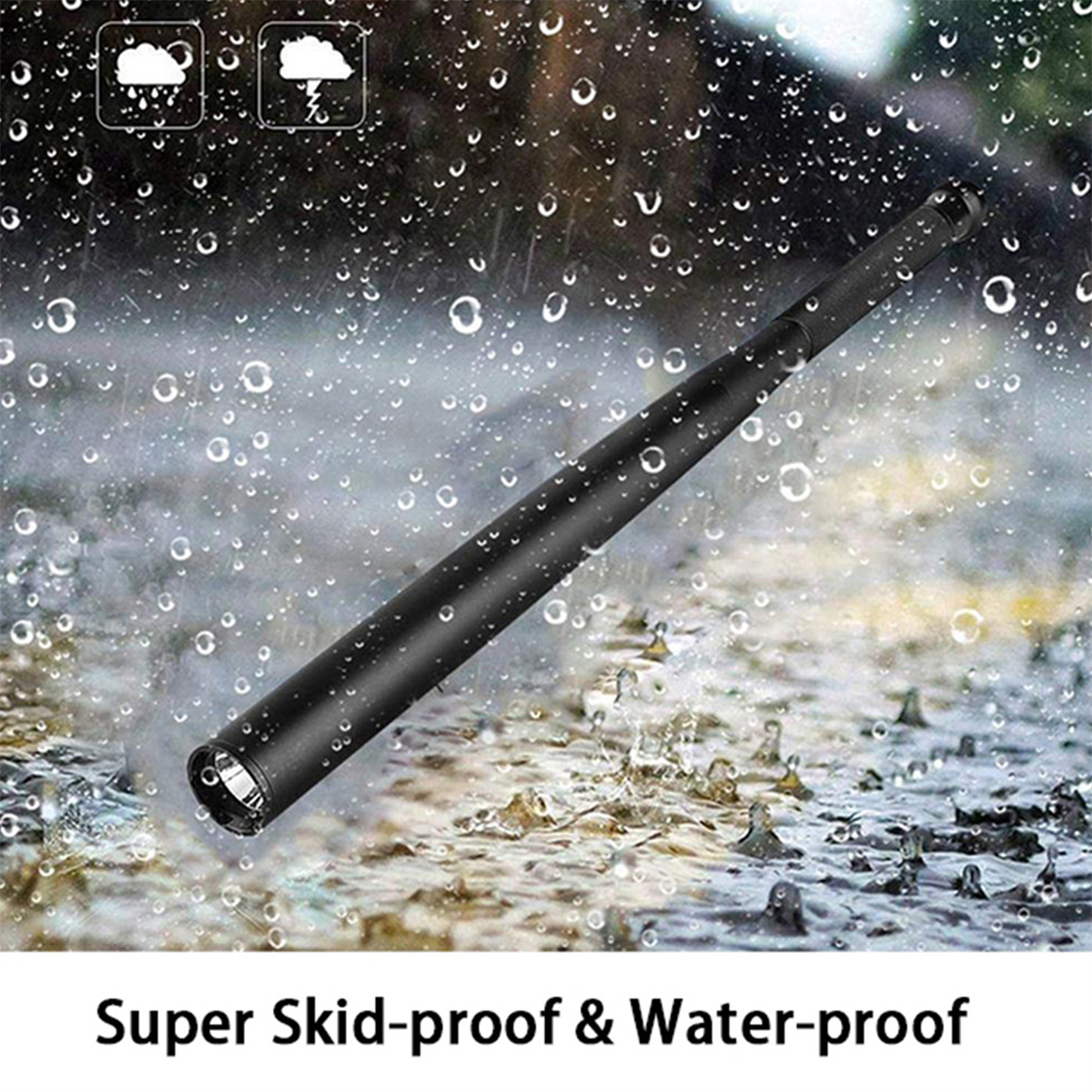 Schwarzer Teleskopschlagstock im Regen, mit Wassertropfen und Text: Super rutschfest & wasserdicht.