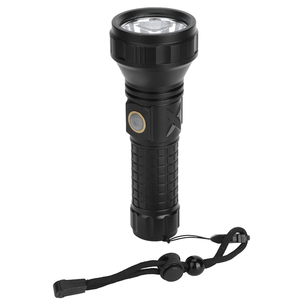 Schwarze Taschenlampe mit Trageband auf weißem Hintergrund.