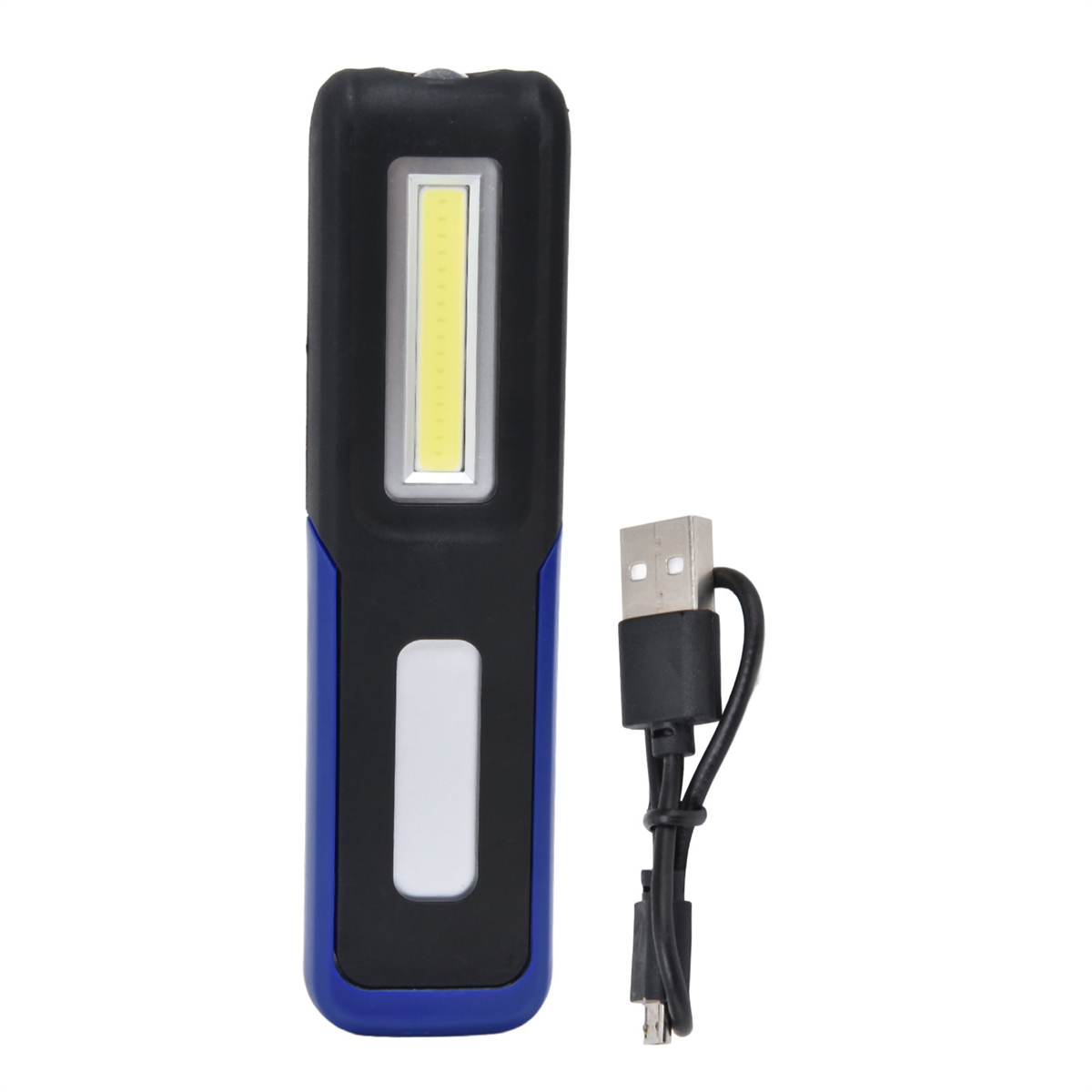 Eine schwarz-blaue Taschenlampe mit USB-Kabel. Die Taschenlampe hat ein weißes Lichtpaneel.