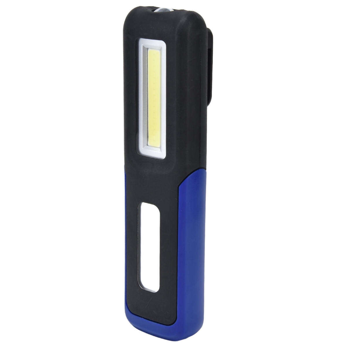 Eine schwarze und blaue Taschenlampe mit rechteckiger Lichtquelle und Clip hinten.
