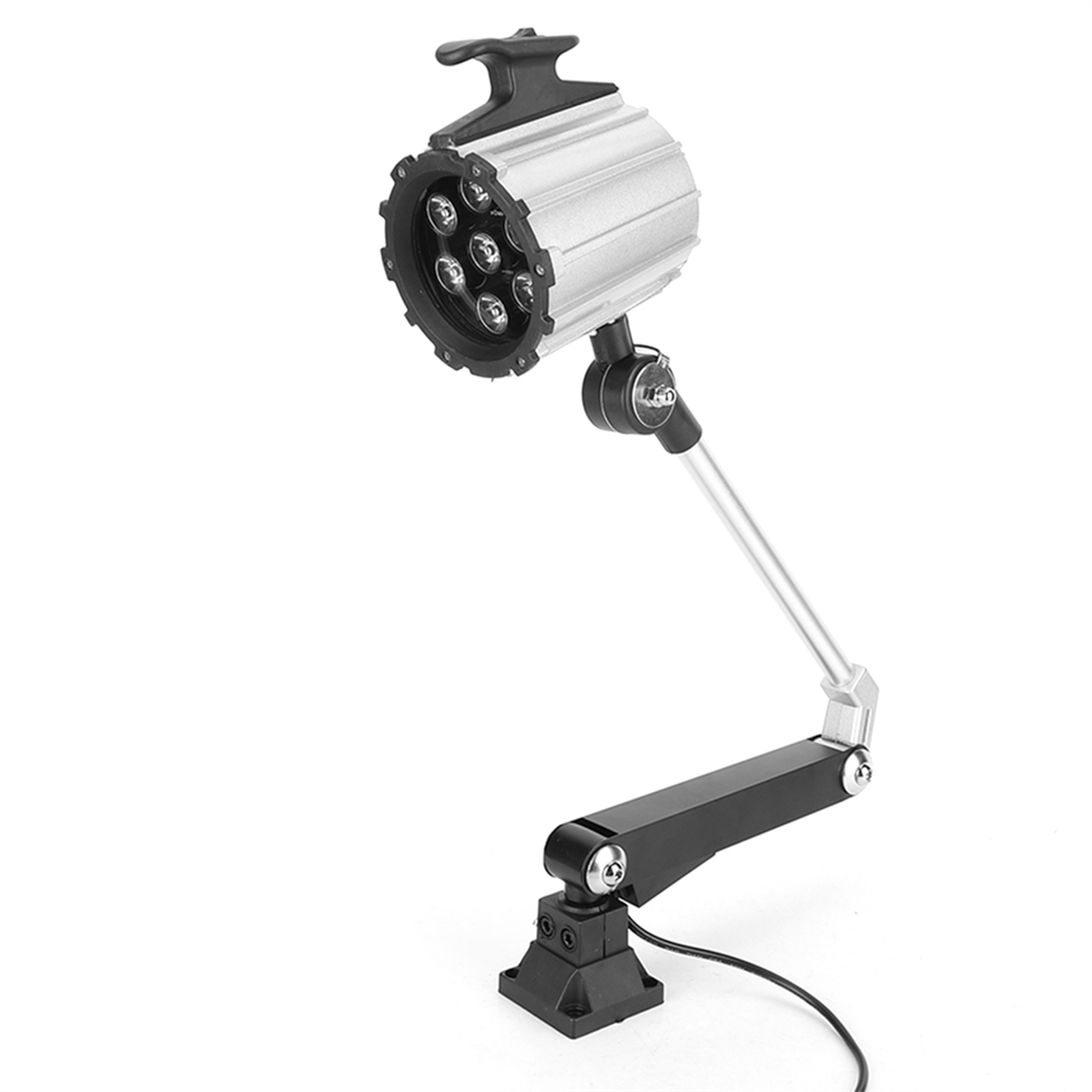 Eine schwarze und silberne LED-Lampe auf weißem Hintergrund mit flexiblem Arm.