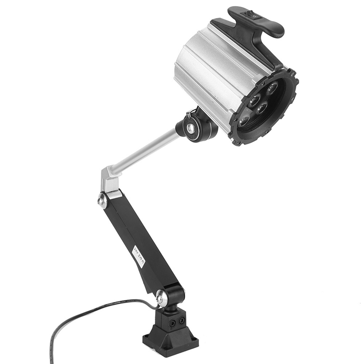 Verstellbare silberne Lampe mit LED-Leuchten. Sie hat einen schwarzen Sockel und einen flexiblen Arm.