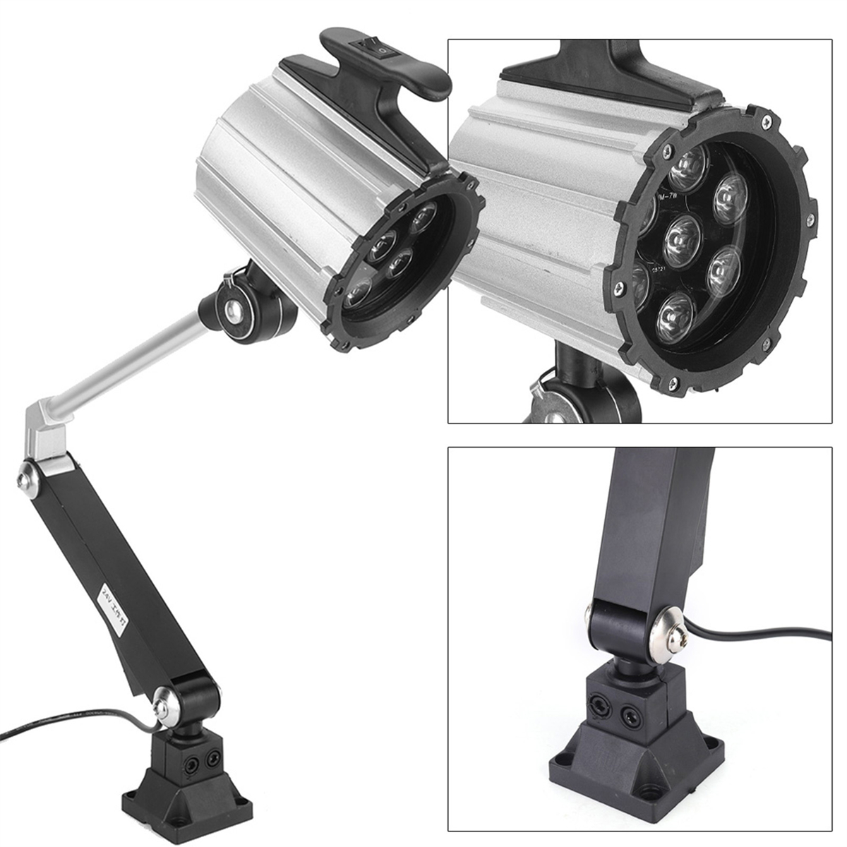 Eine silberne LED-Leuchte mit schwarzem Arm und Fuß, mit zwei Nahaufnahmen.