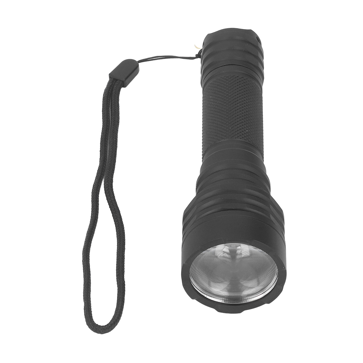 Schwarze Taschenlampe mit Lanyard. Die Taschenlampe hat eine silberne Lünette und einen strukturierten Griff.