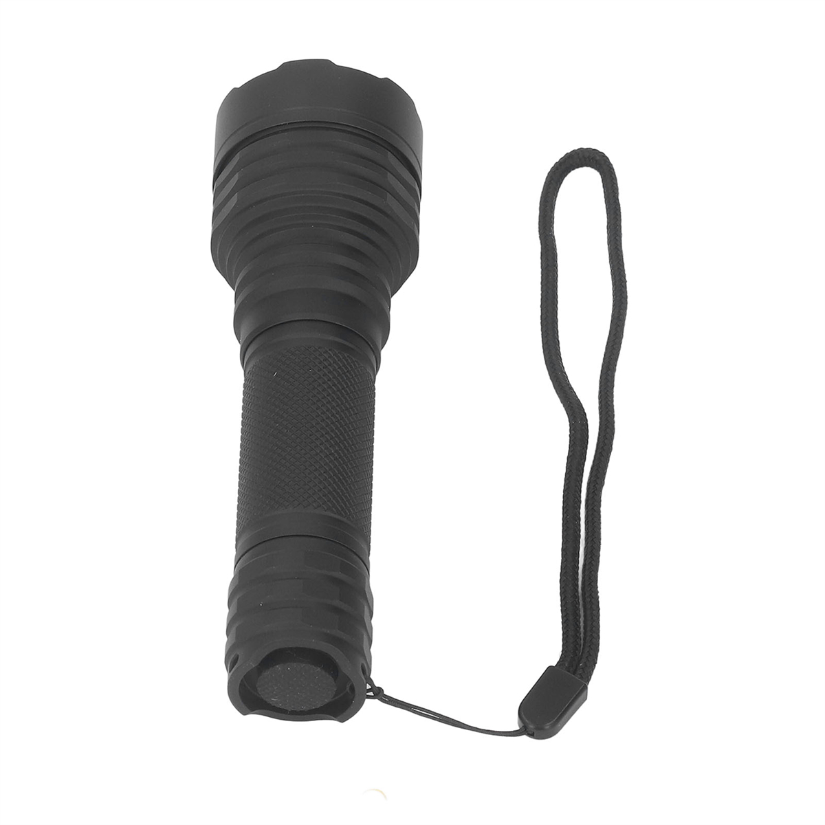 Schwarze Taschenlampe mit Handschlaufe. Die Taschenlampe hat eine zylindrische Form.