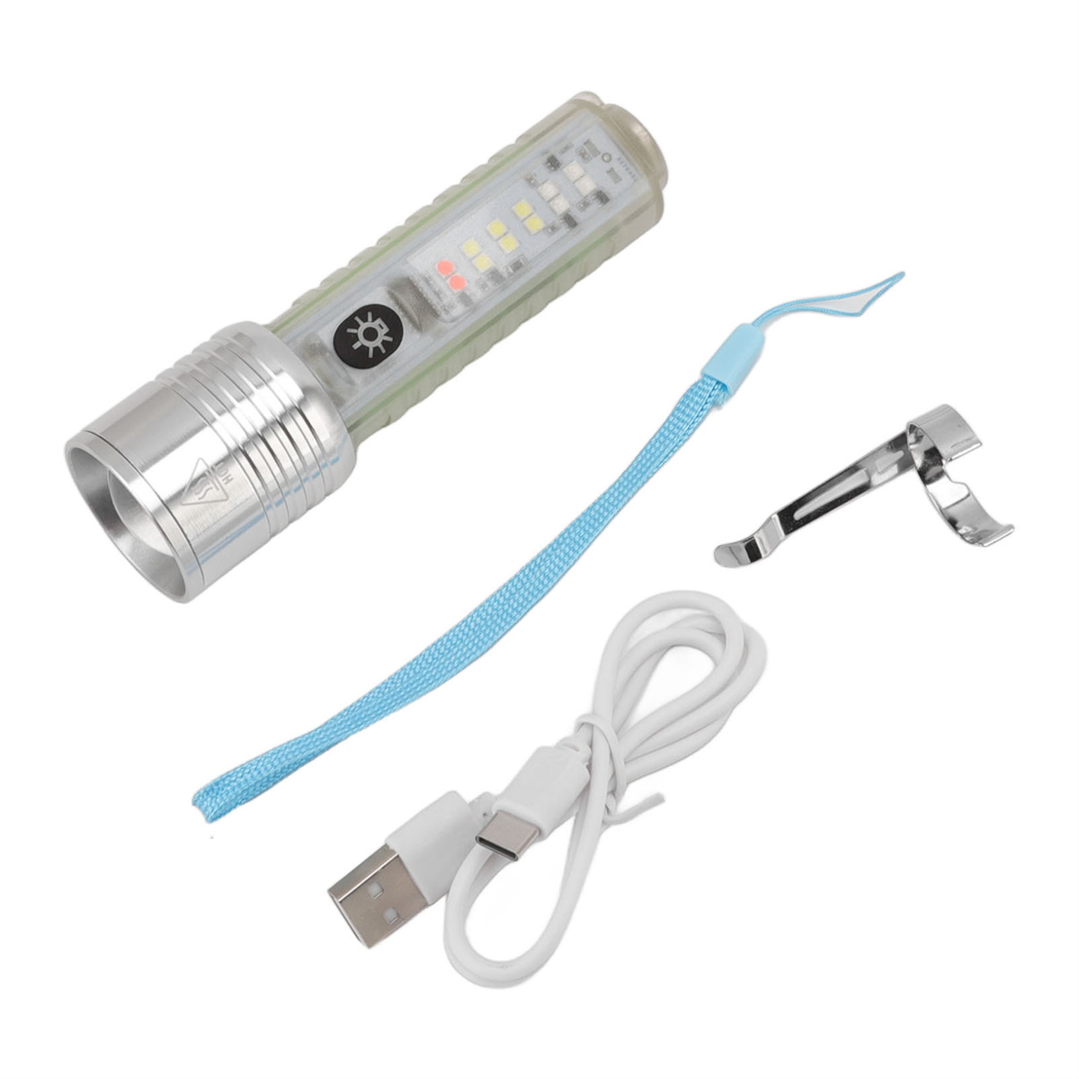 Silberne Taschenlampe mit blauem Band und USB-Kabel. Die Komponenten sind getrennt.