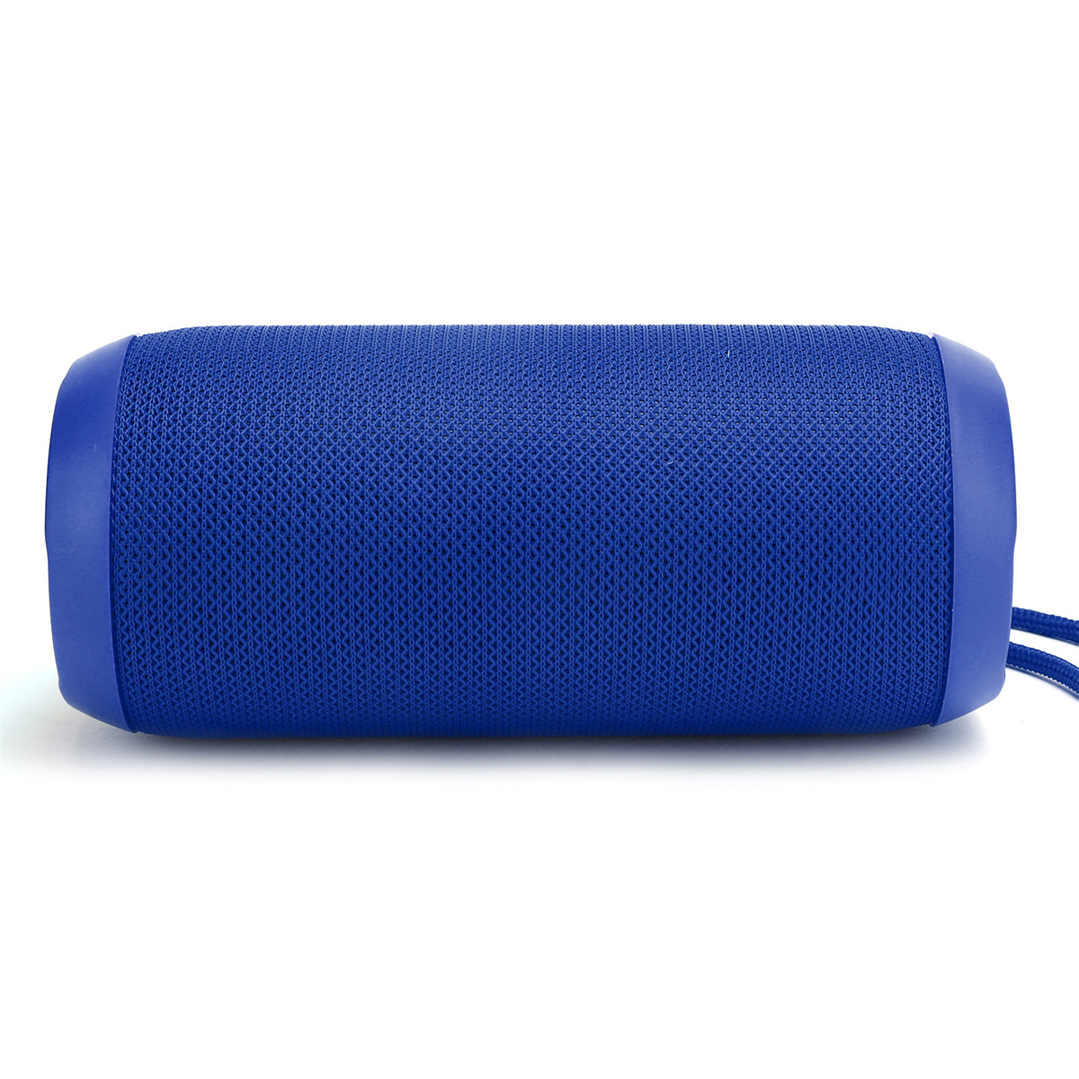 Blauer zylindrischer Lautsprecher auf weißer Oberfläche. Er hat ein Mesh-Design und abgerundete Kanten.