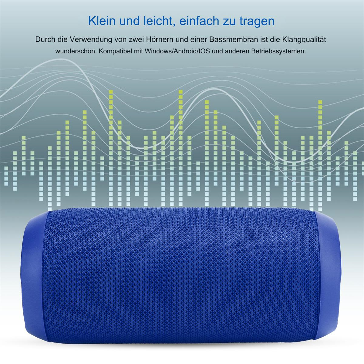 Blauer zylindrischer Lautsprecher auf weißer Oberfläche mit Wellengrafik.