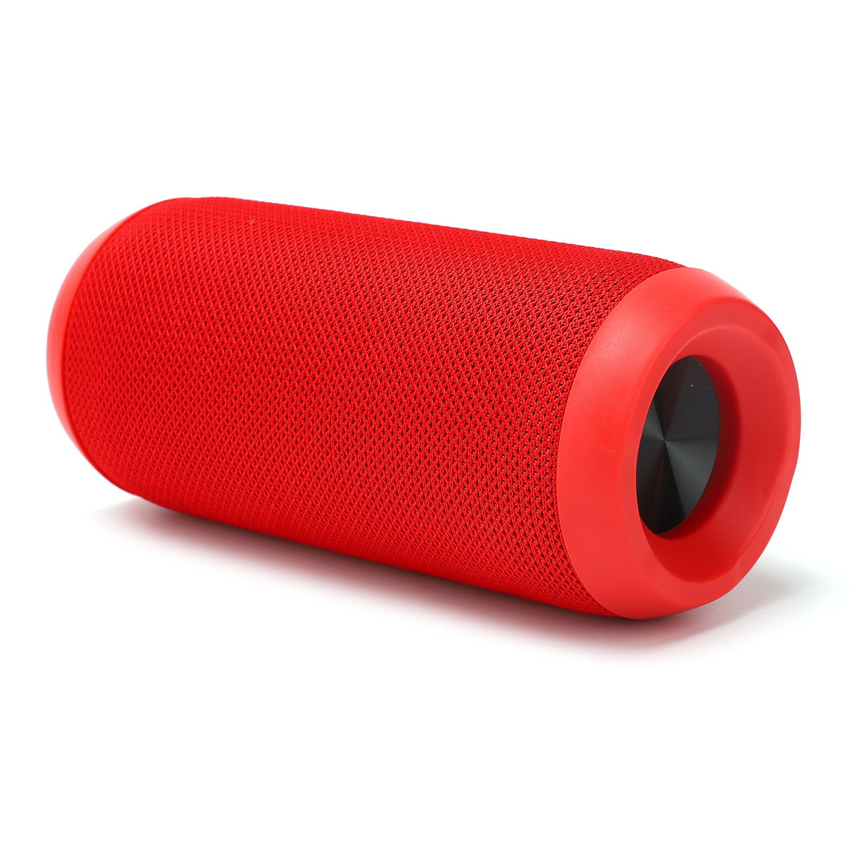 Roter zylindrischer Lautsprecher mit Mesh und roten Endstücken. Weißer Hintergrund.