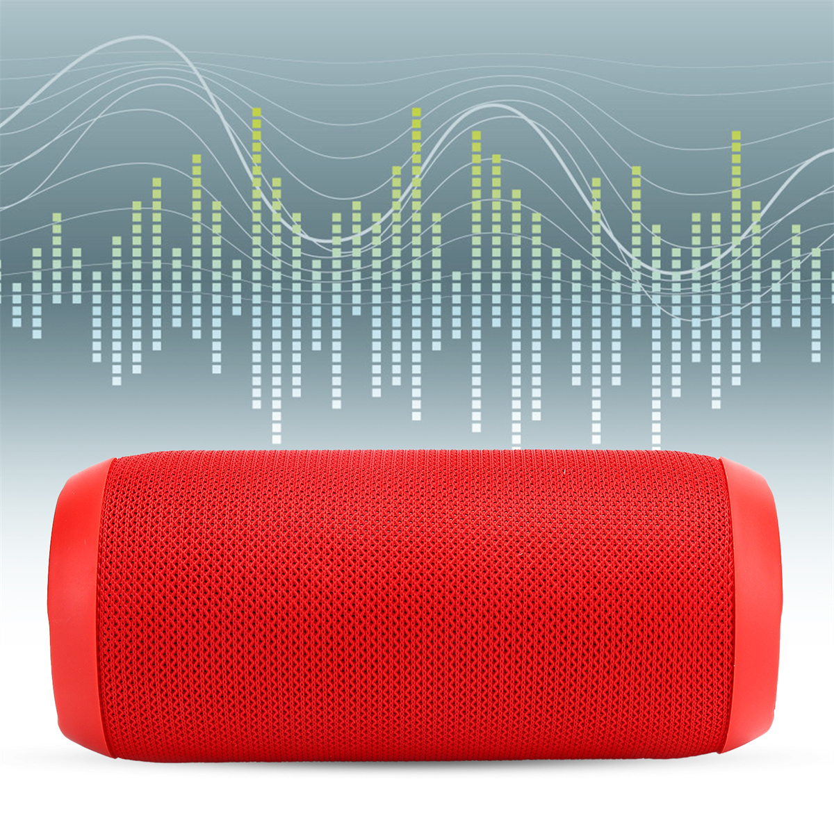Roter Lautsprecher mit Mesh-Front. Grafik mit Schallwellen im Hintergrund.