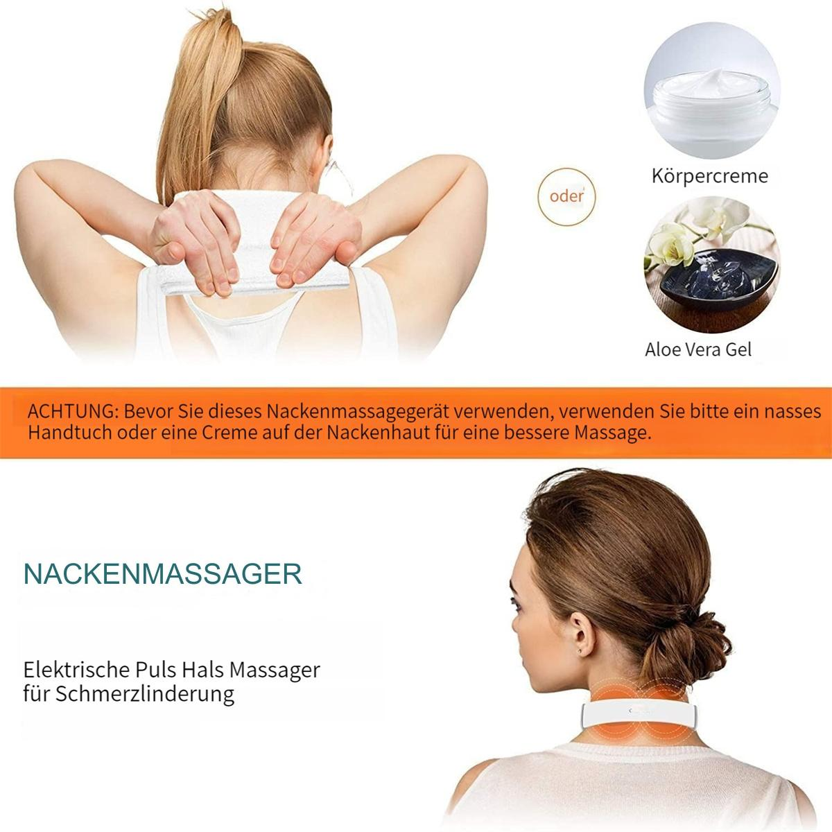 Eine Frau benutzt ein Nackenmassagegerät. Es gibt Bilder von Creme und Gel. Text auf Deutsch darunter.