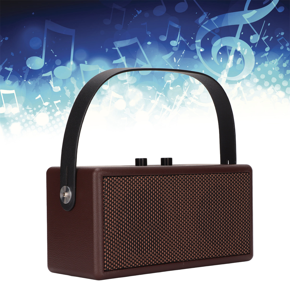 Ein brauner tragbarer Lautsprecher mit Griff, zwei Knöpfen und schwarzer Netzfront vor Musik-Hintergrund.